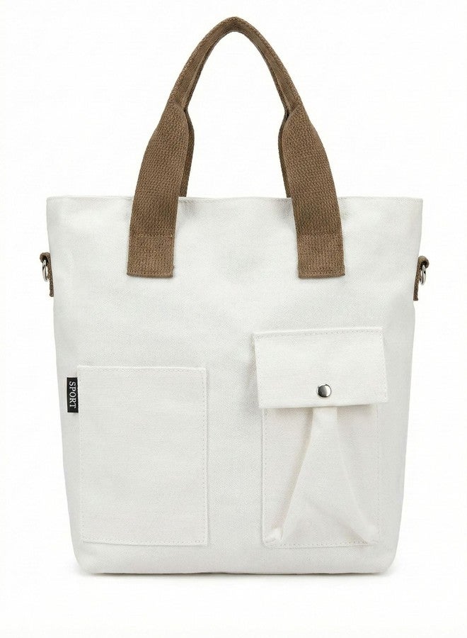 BROGBUS Canvas Tote Bag for Women Office Use, College Girls with Compartment, Cream - Image 1